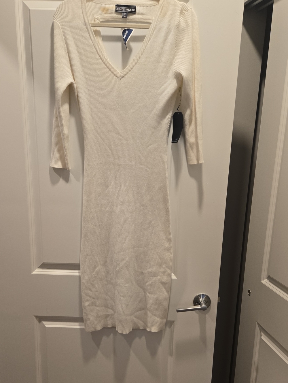 Cream V-Neck Ribbed Midi Dress
